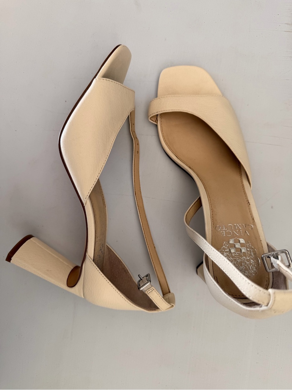 Vince Camuto Beige Open-Toe Slingback Block Heels